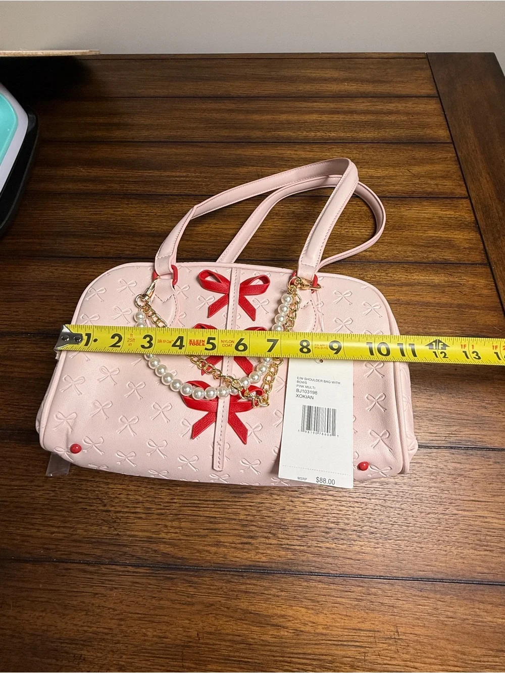 Betsey Johnson Pink Bow Shoulder Bag Pearl Chain Charm Zip Lined Inner Pockets